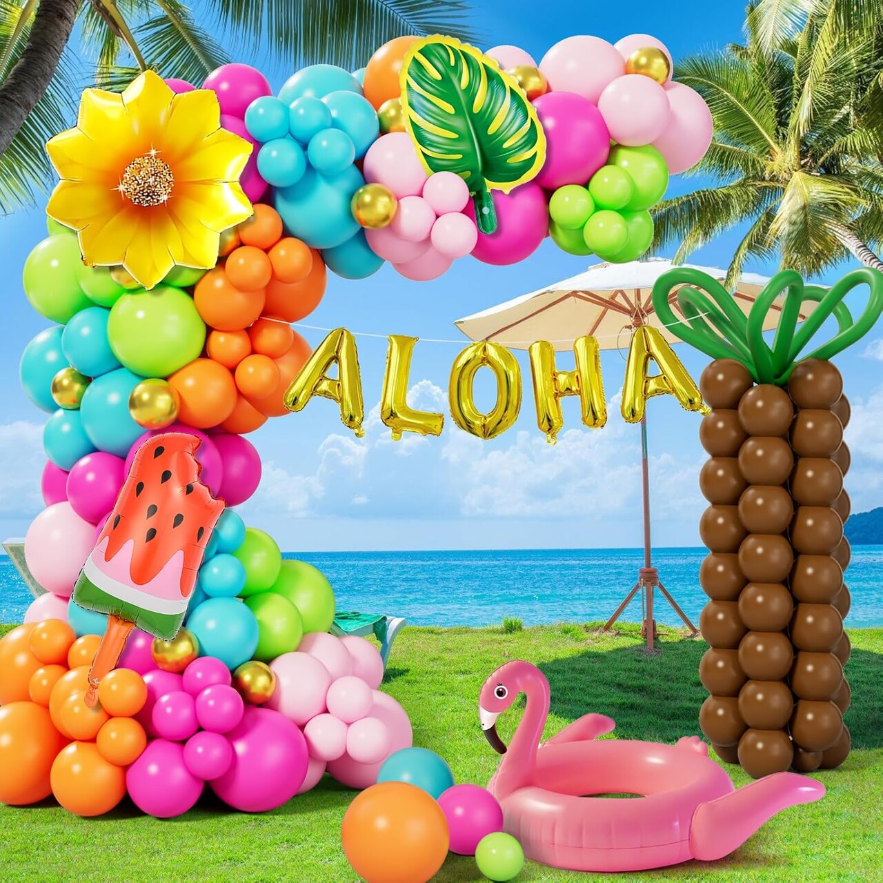 Tropical Balloon Arch Garland Kit – 178PCS Hawaiian Luau Party Decorations with Green, Hot Pink & Orange Balloons, Featuring Palm Tree, Aloha & Pineapple Foil Balloons for Summer Pool, Beach & Birthday Parties